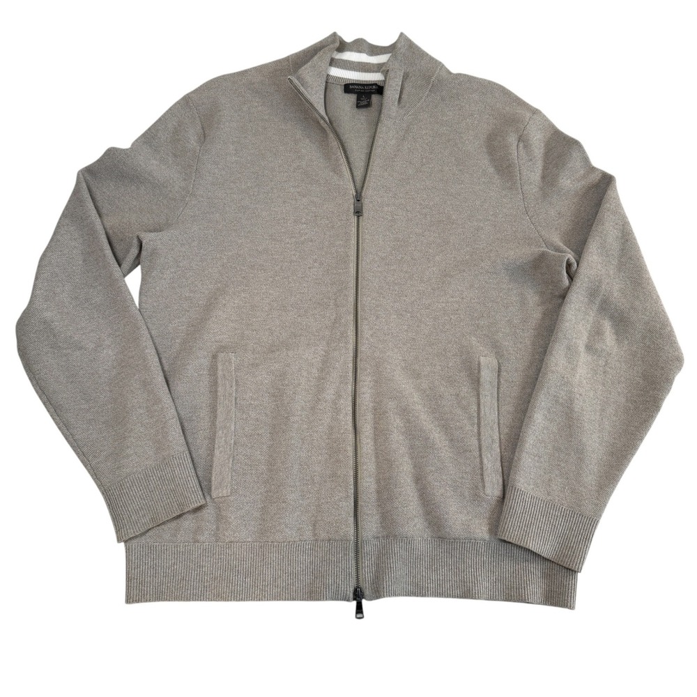 Banana Republic Mens Large Supima Cotton Full Zip Honeycomb Sweater Taupe Tan